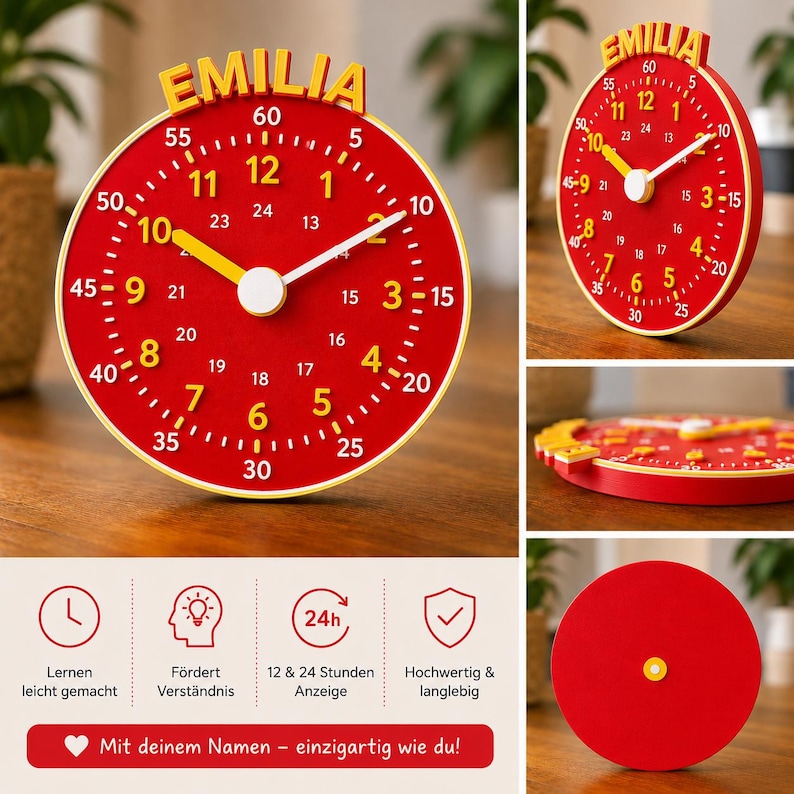 Rote personalisierte Lernuhr als Produktcollage