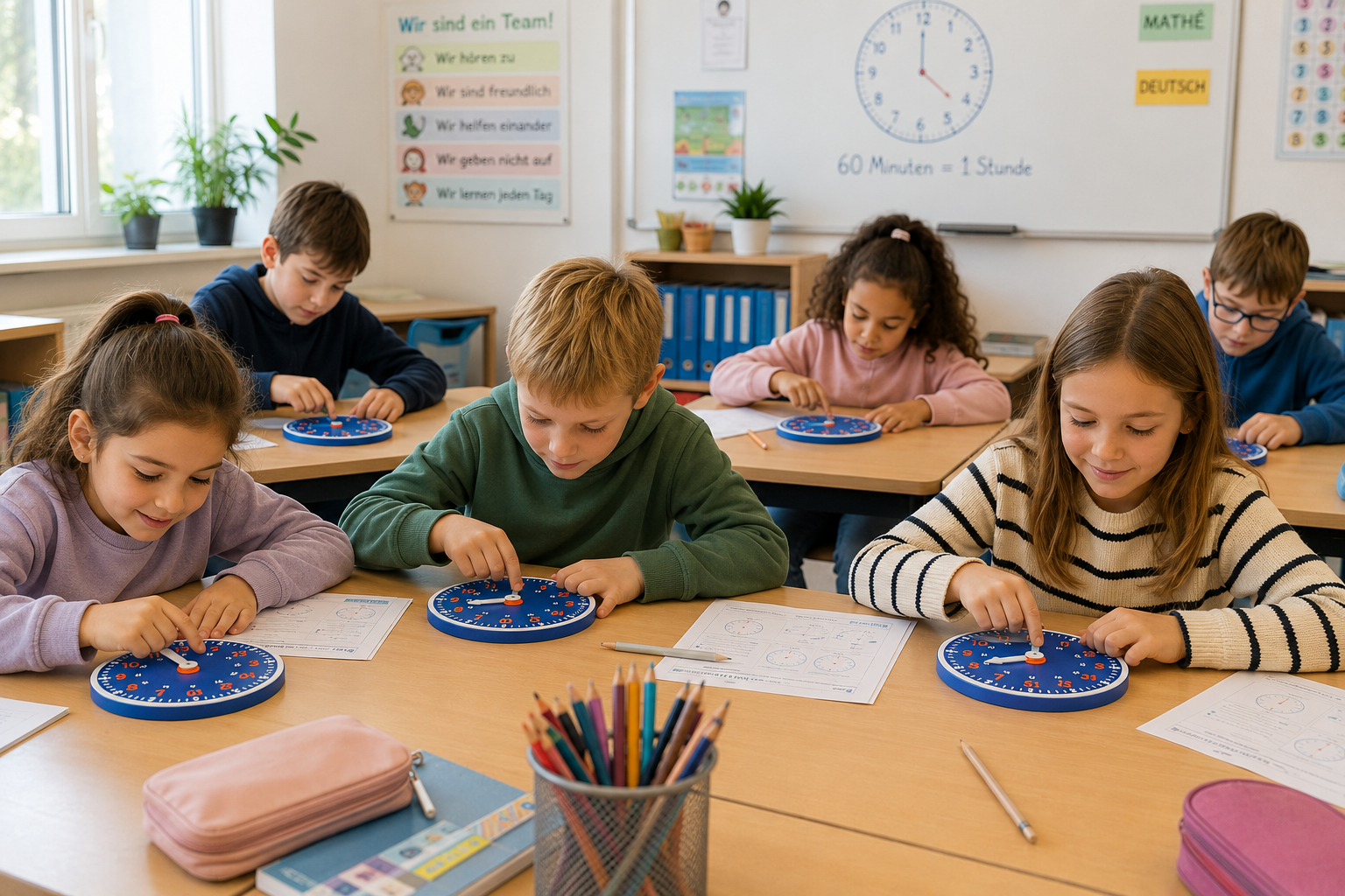 Kinder üben im Klassenzimmer mit blauen Lernuhren und Arbeitsblättern